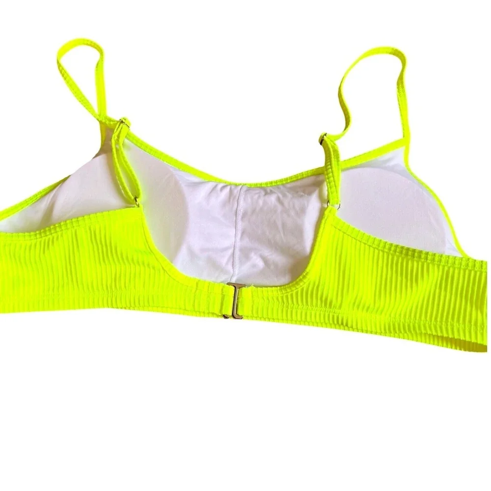 Halara Womens Neon Lime Green Ribbed Scoop Neck Bikini Top Size Large Adjustable